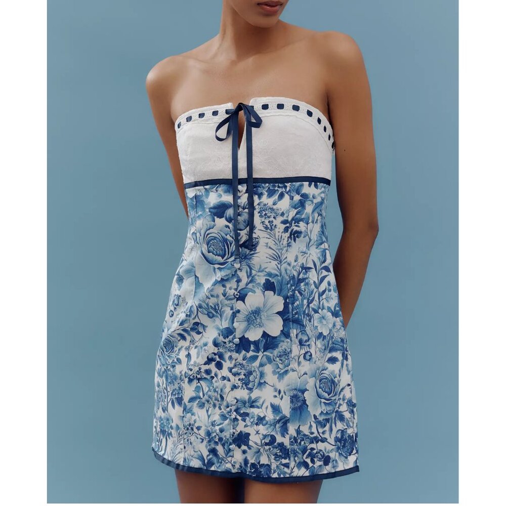 Anthropologie Maeve Strapless Tie-Front Mini Dress Blue Floral Pattern XL